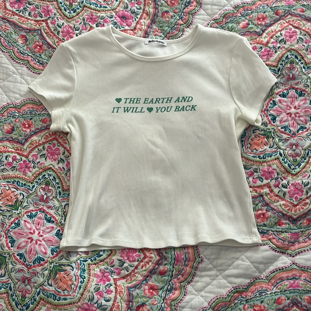 Reformation White Ribbed Crop Tee with Green Script - Picture 2 of 5